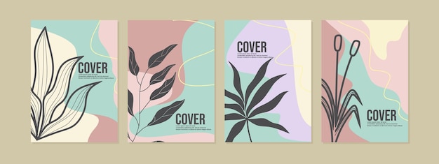 식물학적 스타일의 현대적인 책 표지 디자인 모음입니다. 실루엣 leaves.A4 커버와 추상적 인 배경