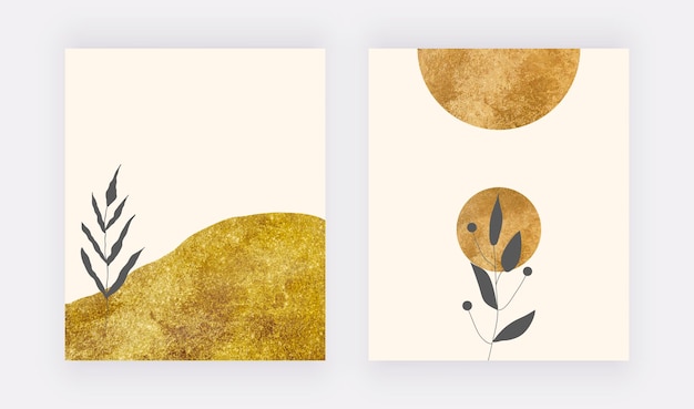 Botanical wall art prints with golden texture and black leaves