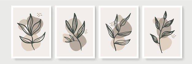 植物の壁アートセット。抽象的な形で自由奔放に生きる葉の線画の描画。最小限の自然な壁の装飾