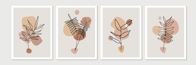 Botanical wall art   set. Earth tone boho foliage line art drawing with abstract shape.  Minimal and natural wall art