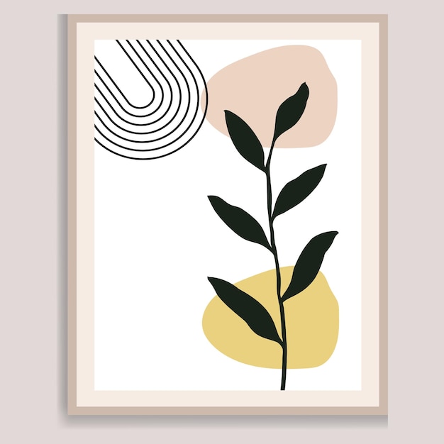 Botanical wall art vector Foliage line art drawing with abstract shapesMinimal natural wall art