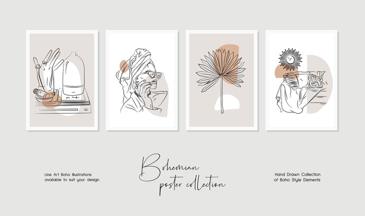 botanical wall art vector set bohemian line art drawing with abstract shape