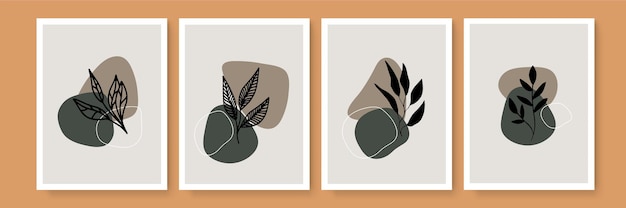 Botanical wall art vector set. Earth tone boho foliage line art drawing with abstract floral shape