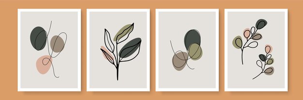 植物の壁アートベクトルセット。地球のトーン自由奔放に生きる葉の線画抽象的な花の形で描画