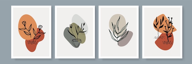 Botanical wall art vector set. Earth tone boho foliage line art drawing with abstract floral shape