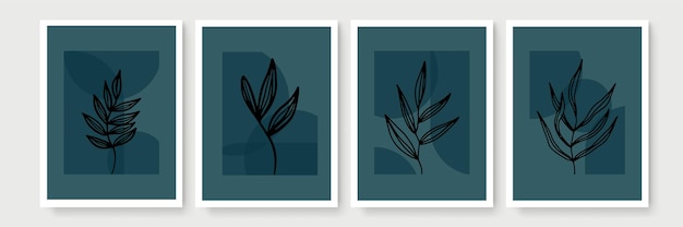植物の壁アートベクトルセット。アースカラーの自由奔放に生きる葉の線画の抽象的な形で描画します。印刷、カバー、壁紙、最小限の自然な壁の芸術のための抽象的な植物アートデザイン