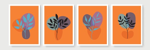 식물 벽 예술 벡터 세트입니다. 추상적인 모양을 가진 지구 색조 boho 단풍 라인 아트 그리기. 인쇄, 표지, 벽지, 최소 및 자연 벽 예술을 위한 추상 식물 예술 디자인