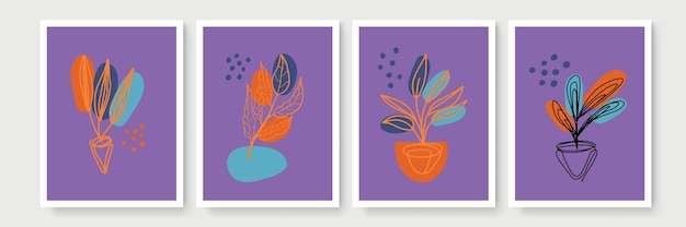 식물 벽 예술 벡터 세트입니다. 추상적인 모양을 가진 지구 색조 boho 단풍 라인 아트 그리기. 인쇄, 표지, 벽지, 최소 및 자연 벽 예술을 위한 추상 식물 예술 디자인