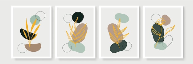 Botanical wall art vector set. Earth tone boho foliage line art drawing with abstract shape. Abstract Plant Art design for print, cover, wallpaper, Minimal and natural wall art