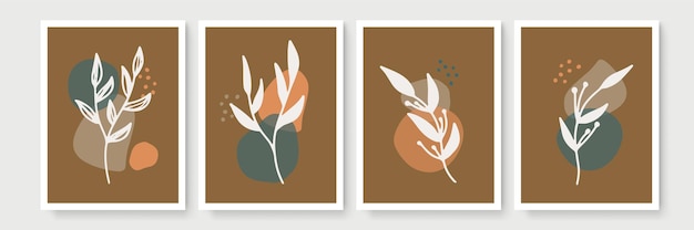 Botanical wall art vector set. Earth tone boho foliage line art drawing with abstract shape. Abstract Plant Art design for print, cover, wallpaper, Minimal and natural wall art