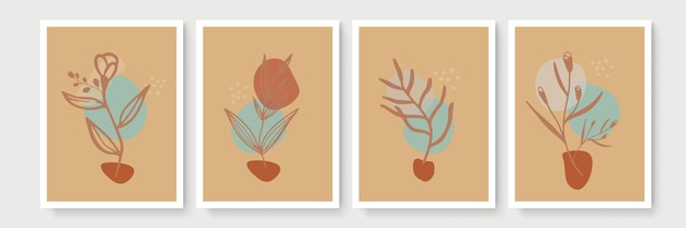 Insieme botanico di vettore di arte della parete. tono della terra boho fogliame linea arte disegno con forma astratta. abstract plant art design per stampa, copertina, carta da parati, arte murale minimale e naturale