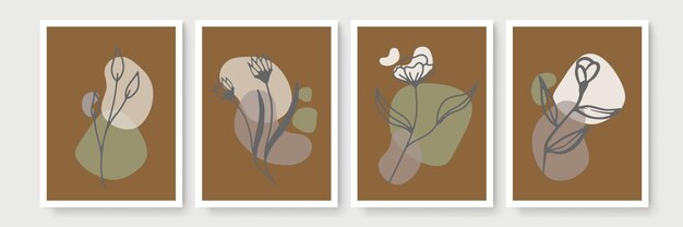 植物の壁アートベクトルセット。アースカラーの自由奔放に生きる葉の線画の抽象的な形で描画します。印刷、カバー、壁紙、最小限の自然な壁の芸術のための抽象的な植物アートデザイン