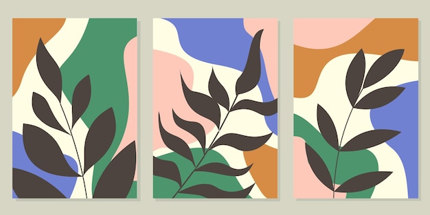 식물 벽 예술 벡터 세트입니다. 추상적인 모양을 가진 단풍 라인 아트 드로잉입니다. 가정 장식을 위한 디자인