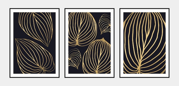 Botanical wall art vector set Golden foliage line art drawing Abstract