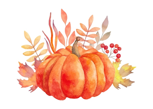 Botanical watercolor illustration of pumpkin and autumn leaves Garden compositionThanksgiving