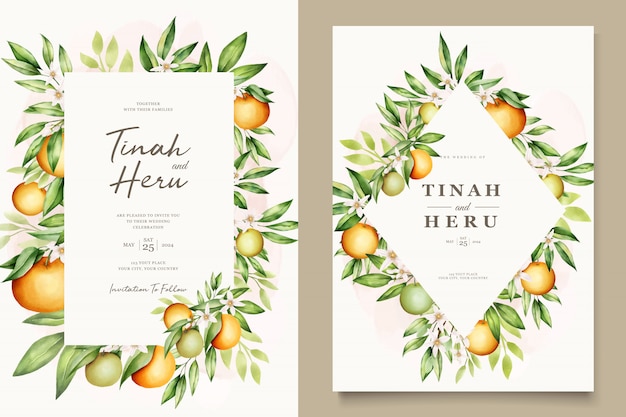 Vector botanical watercolor orange fruits wedding invitation card template