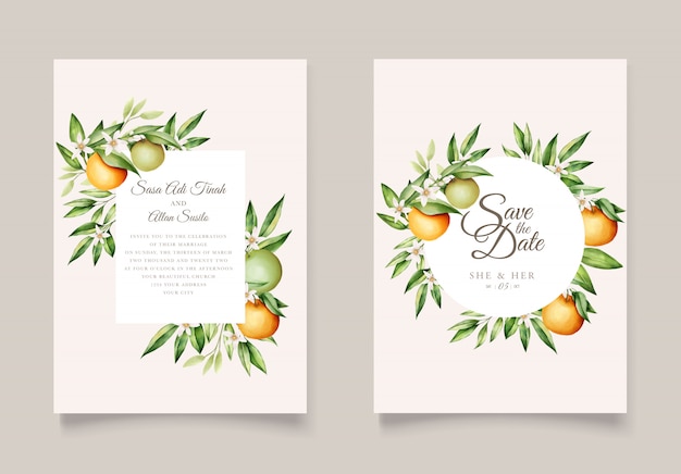 Botanical watercolor orange fruits wedding invitation card template