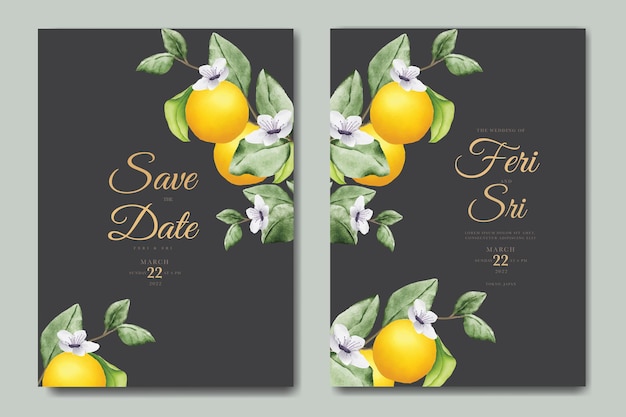 Vettore modello di carta di invito a nozze di frutta arancione acquerello botanico