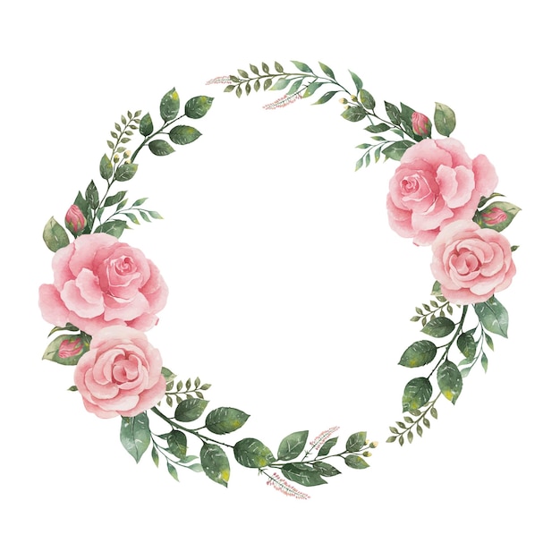 Vettore acquerello botanico dipinto fiore rosa rosa e cornice ghirlanda di foglie verdi per auguri di nozze e decorazione di biglietti d'invito