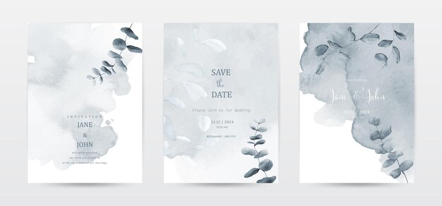 Vector botanical watercolor wedding invitation template cards set