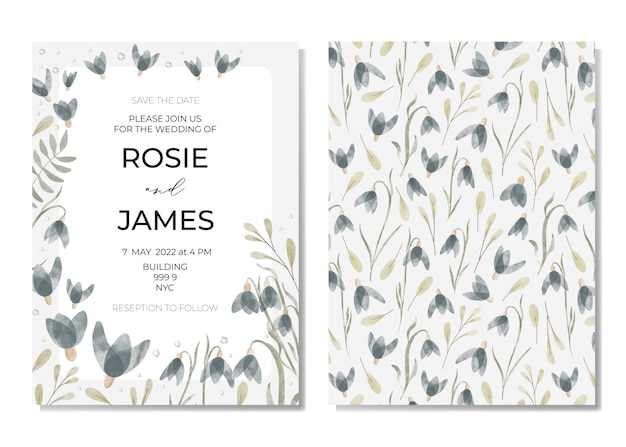 植物の結婚式の招待カードのテンプレートデザイン青い野花とフレームと緑の葉