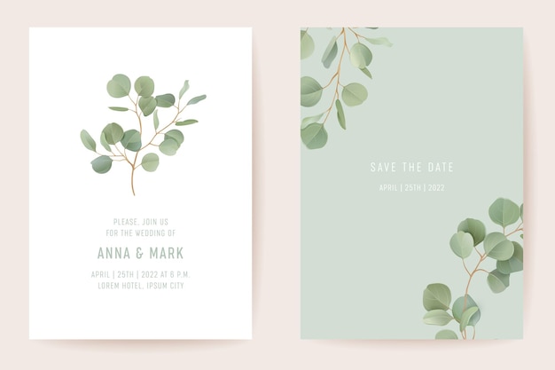 Premium Vector | Botanical wedding invitation card template design,  realistic leaves greenery frame set. eucalyptus, green leaf branches  watercolor minimal vector. save the date modern poster, trendy luxury  background