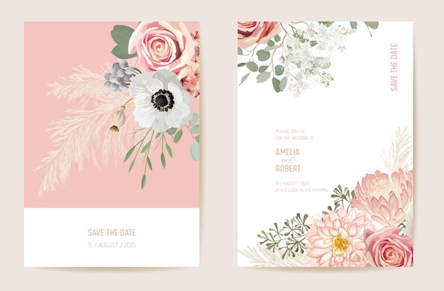 Botanical wedding invitation card template design, spring flowers frame set, dry pampas grass watercolor minimal vector. save the date summer floral modern poster, trendy luxury background