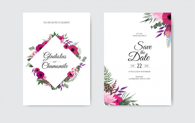 Ботанический свадебный пригласительный билет шаблон дизайна, белые и розовые цветы на белом фоне.