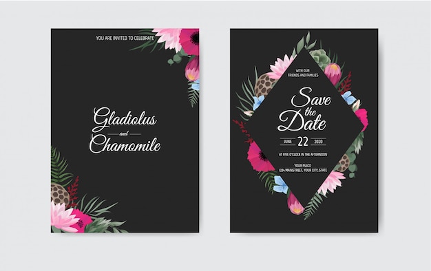 Botanical wedding invitation card template design, white and pink flowers