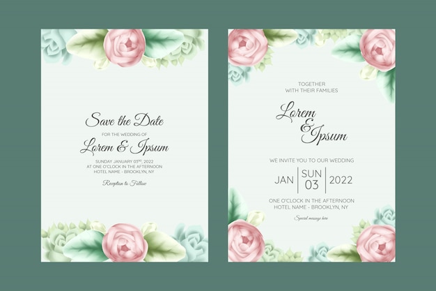 美しい水彩画の花の装飾が施された植物の結婚式の招待カードテンプレート