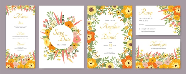 花と葉の植物の結婚式の招待カードのテンプレート。花のメニュー、rsvpまたは野花ベクトルセットで日付カードを保存します。印刷用の花と装飾的な春の植物