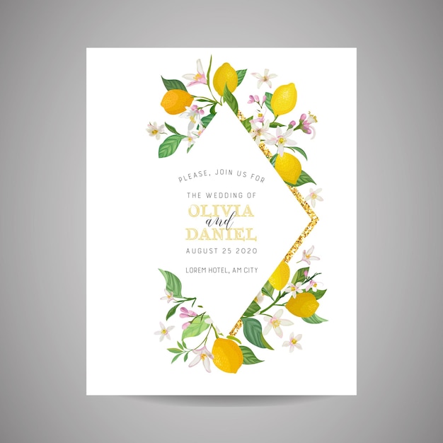 Vector botanical wedding invitation card, vintage save the date, template design of lemons fruit flowers and leaves, blossom illustration. vector trendy cover, graphic poster, brochure