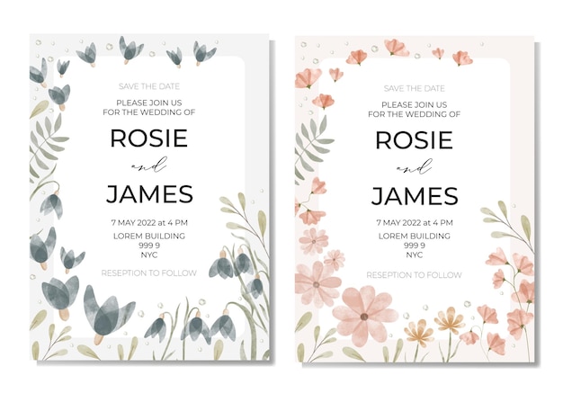 Botanical wedding invitation cards template design blue and pink wildflowers and green leaves