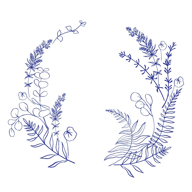 Botanical wreath with herbs eucalyptus and fern Hand drawn illustration with blue ink on white