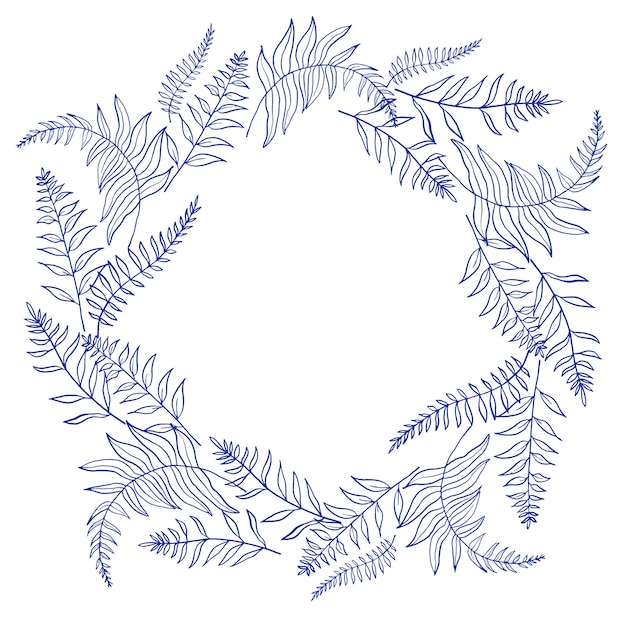 botanical wreath with herbs eucalyptus and fern hand drawn illustration with blue ink on white