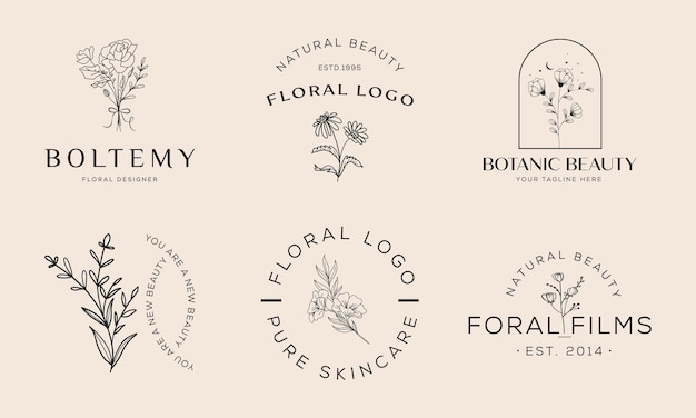 Botanisch bloemenelement Handgetekend logo met logo van wilde bloemen en bladeren voor spa en cosmetica