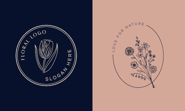 Botanisch bloemenelement handgetekend logo met logo van wilde bloemenbladeren voor vrouwelijk en cosmetisch