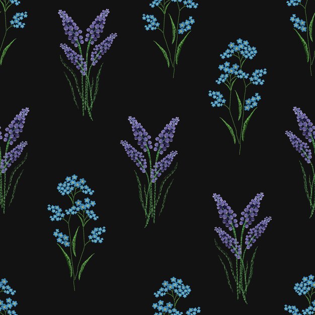 Botanisch naadloos patroon met geborduurde bloeiende lavendel en vergeet-mij-nietjebloemen