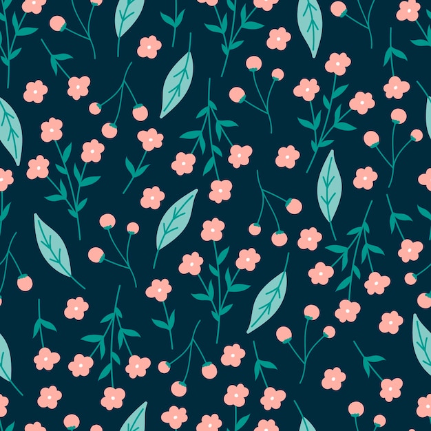 Botanisch naadloos patroon met roze bloem en groene bladeren.