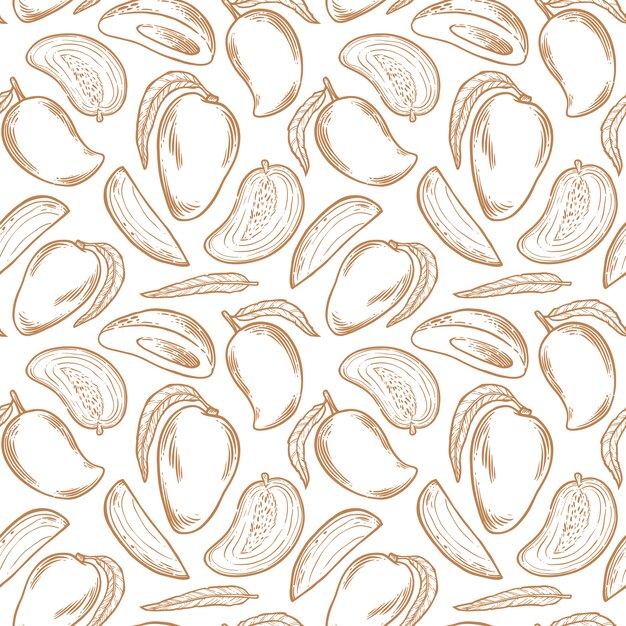 Botanisch patroon met fruitmango, de helft van de mango, mangoplak en blad. Hand getekend botanische illustratie.