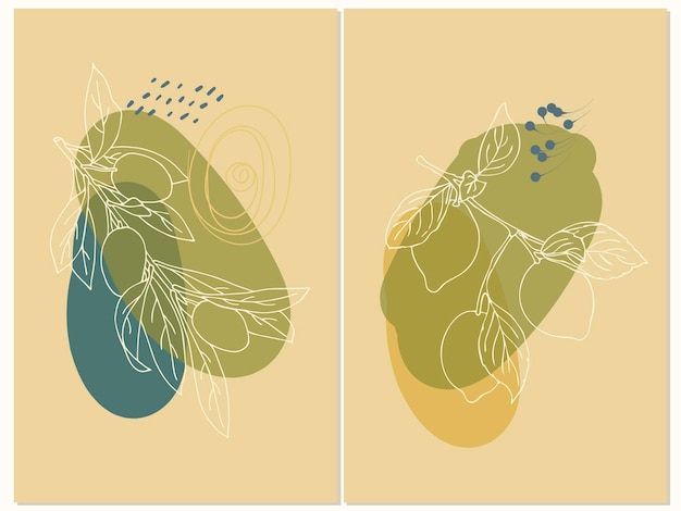 Botanische abstracte muur kunst vector set doodle citroen en olijven getekende lijntekeningen met abstracte vorm