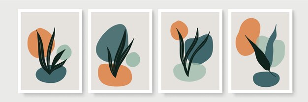 Botanische aquarel wall art set. aardetint boho gebladerte lijntekeningen met abstracte vorm.