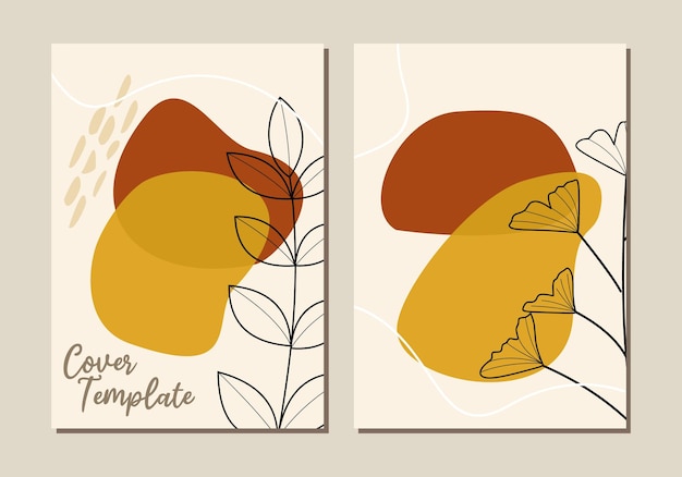 Botanische boekomslag vector set. boho gebladerte lijntekeningen tekenen met abstracte vorm.