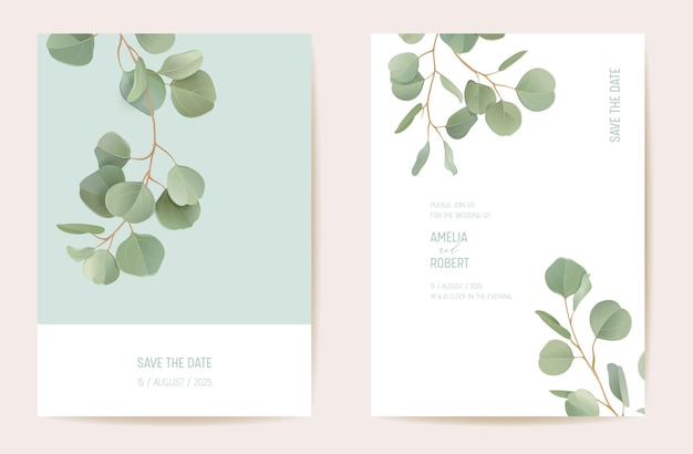 Botanische bruiloft uitnodiging kaart sjabloonontwerp, realistische bladeren groen kaderset. eucalyptus, groene bladtakken aquarel minimale vector. save the date moderne poster, trendy luxe achtergrond