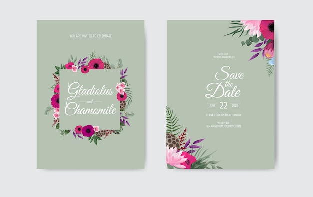 Botanische bruiloft uitnodiging kaartsjabloon ontwerp, met roze bloemen