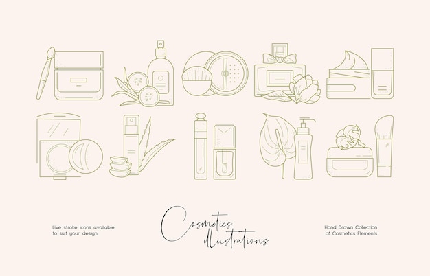 Vector botanische cosmetica lijn kunst illustratie set hand getrokken natuurlijke biologische cosmetica merkidentiteit