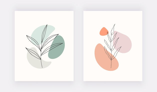 Vector botanische line art prints met vormen en zwarte bladeren.