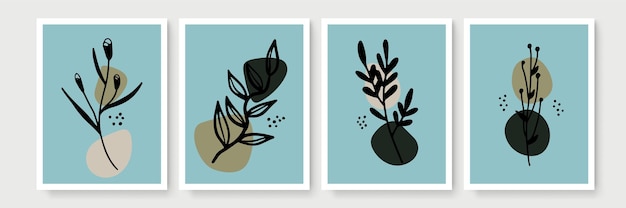 Botanische muur kunst vector set. earth tone boho gebladerte lijntekeningen tekenen met abstracte vorm. abstract plant art-ontwerp voor print, omslag, behang, minimale en natuurlijke muurkunst