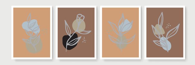 Botanische muur kunst vector set. Earth tone boho gebladerte lijntekeningen tekenen met abstracte vorm. Abstract Plant Art-ontwerp voor print, omslag, behang, minimale en natuurlijke muurkunst