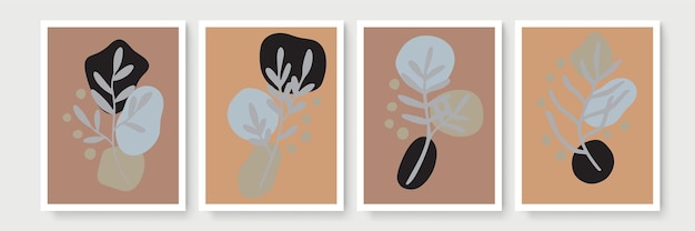 Botanische muur kunst vector set. Earth tone boho gebladerte lijntekeningen tekenen met abstracte vorm. Abstract Plant Art-ontwerp voor print, omslag, behang, minimale en natuurlijke muurkunst